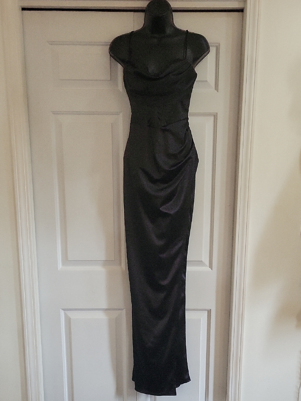 Black Satin Corset Gown | Open Back Tie Thigh Slit Formal Evening Dress, Drapped